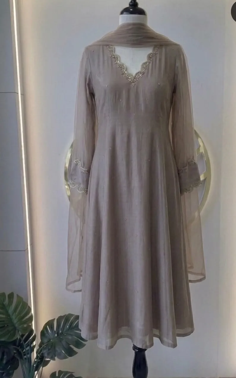 Elegant Taupe Designer Kurta Dress with Delicate Hand Embroidery | Premium Festive Ethnic Wear
