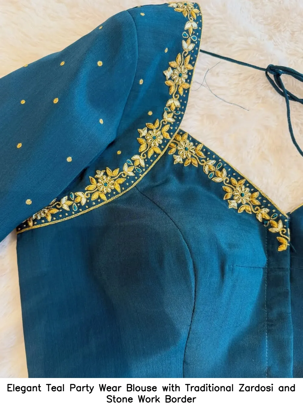 Elegant Teal Party Wear Blouse with Traditional Zardosi and Stone Work Border 2