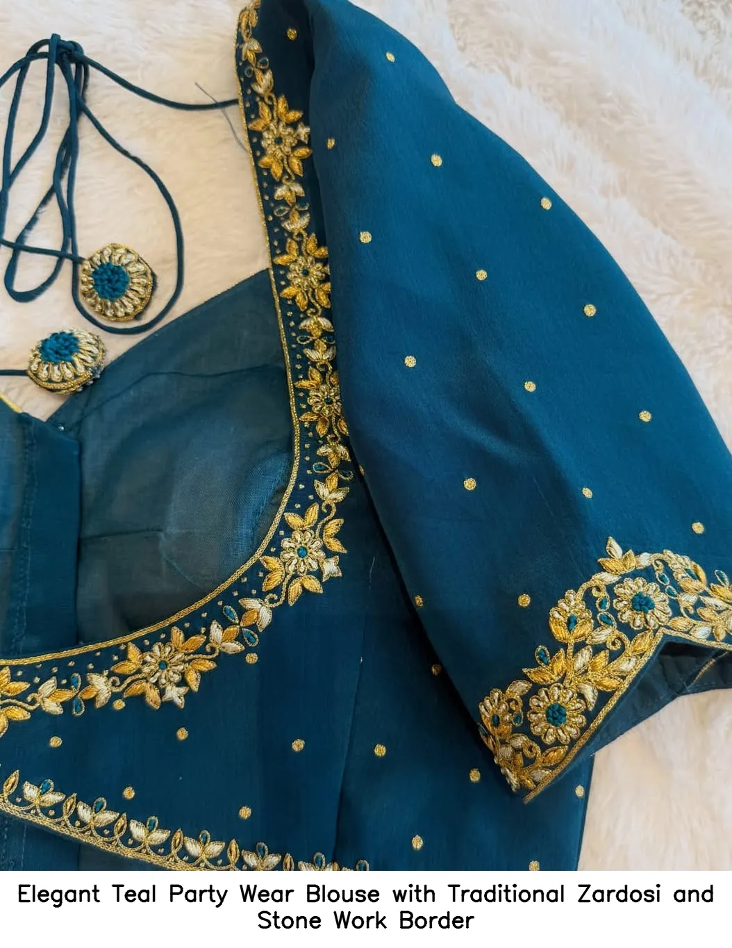 Elegant Teal Party Wear Blouse with Traditional Zardosi and Stone Work Border 3