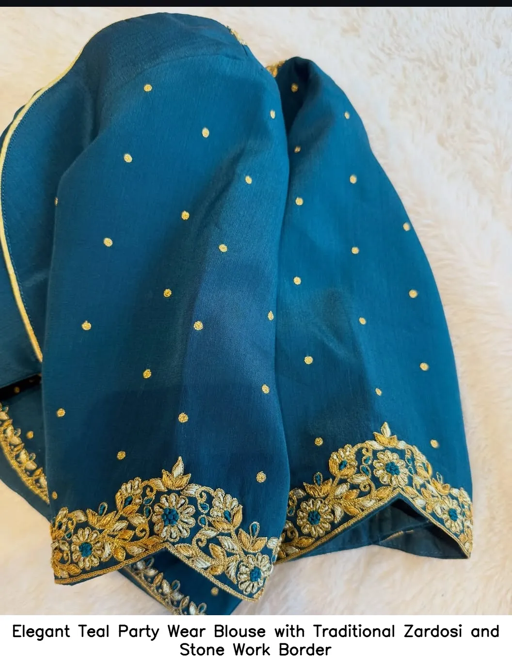 Elegant Teal Party Wear Blouse with Traditional Zardosi and Stone Work Border 4