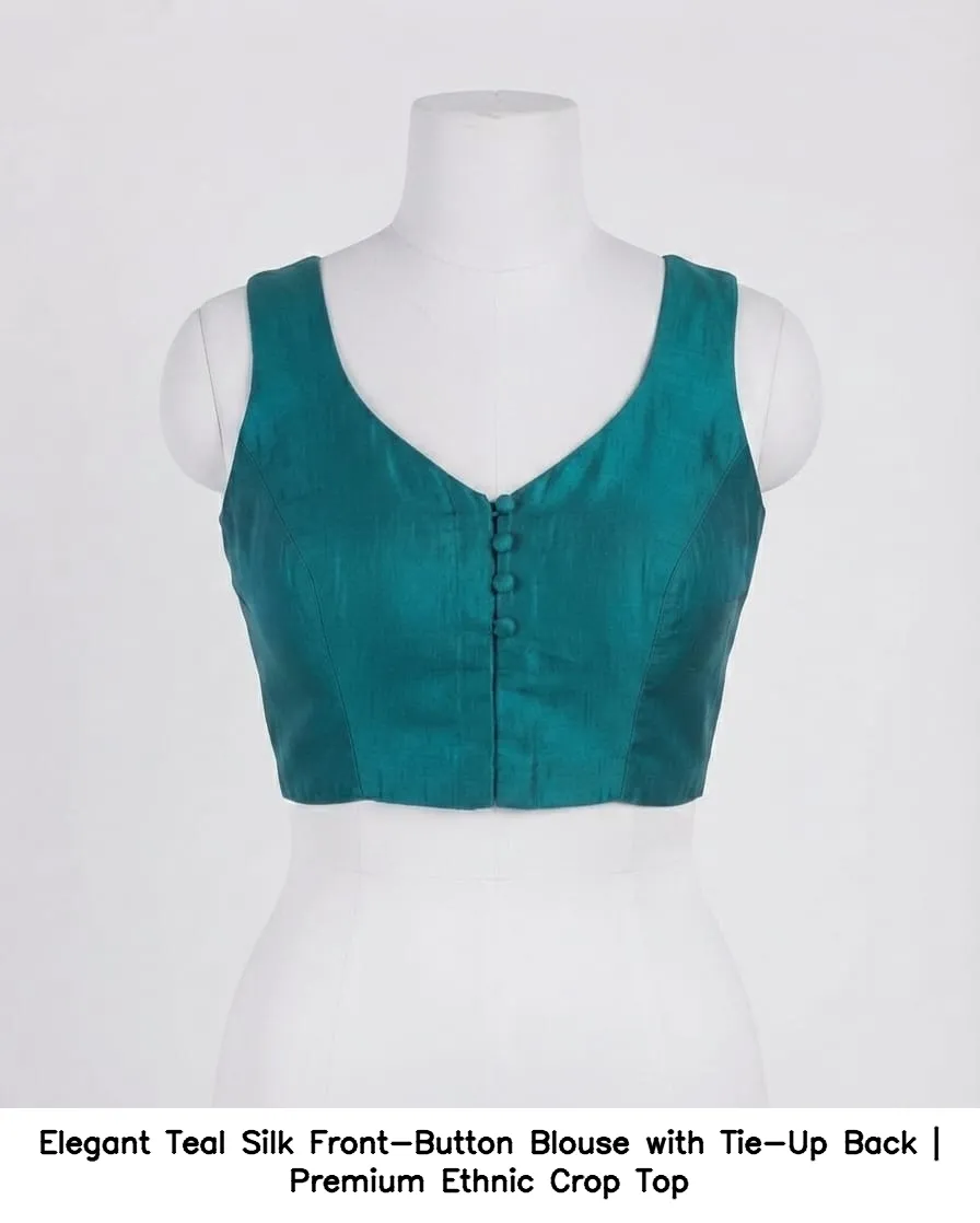 Elegant Teal Silk Front-Button Blouse with Tie-Up Back | Premium Ethnic Crop Top 6