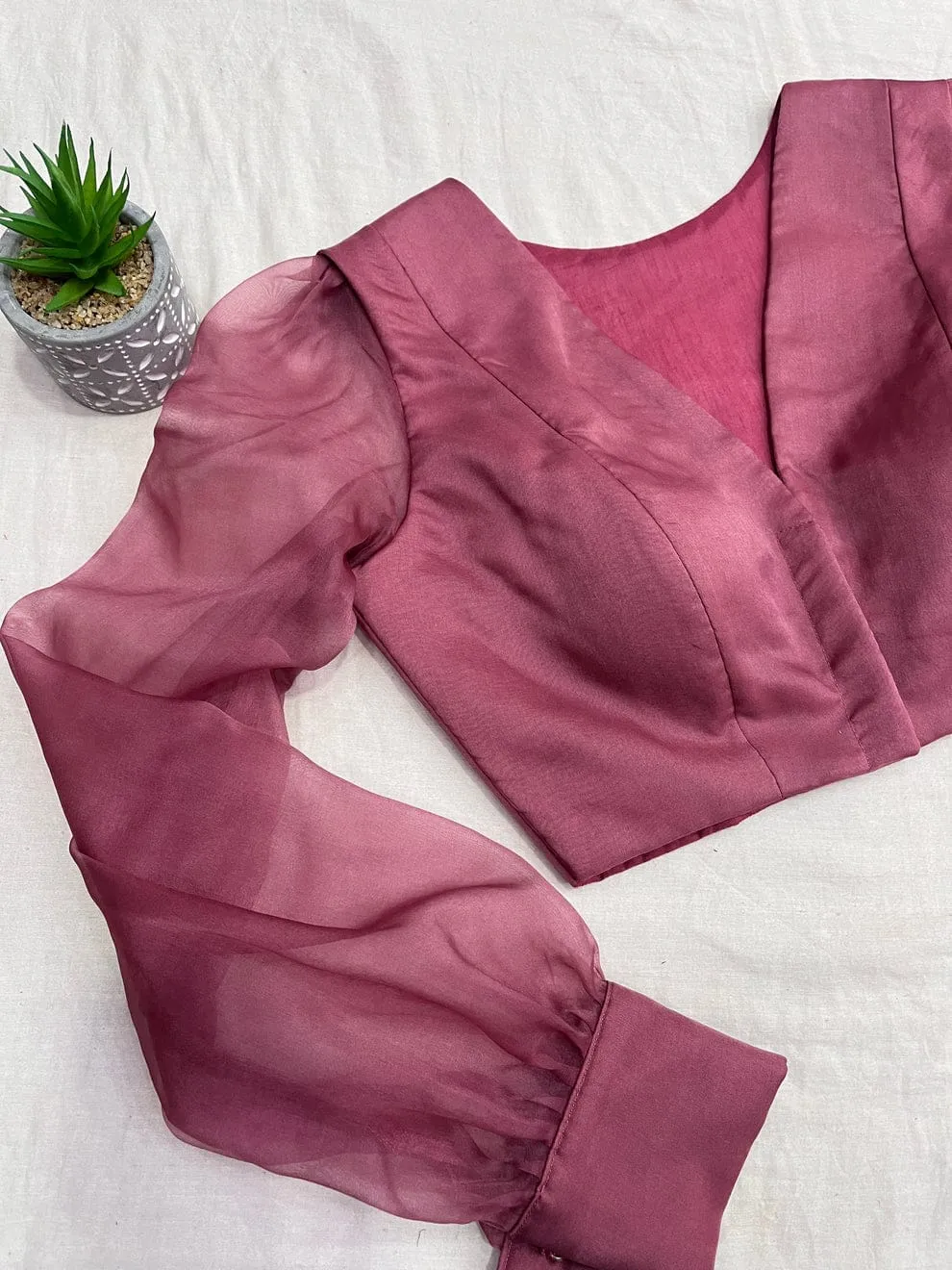 Elegant V-Neck Readymade Blouse – Dusty Pink with Statement Organza Sleeves 1