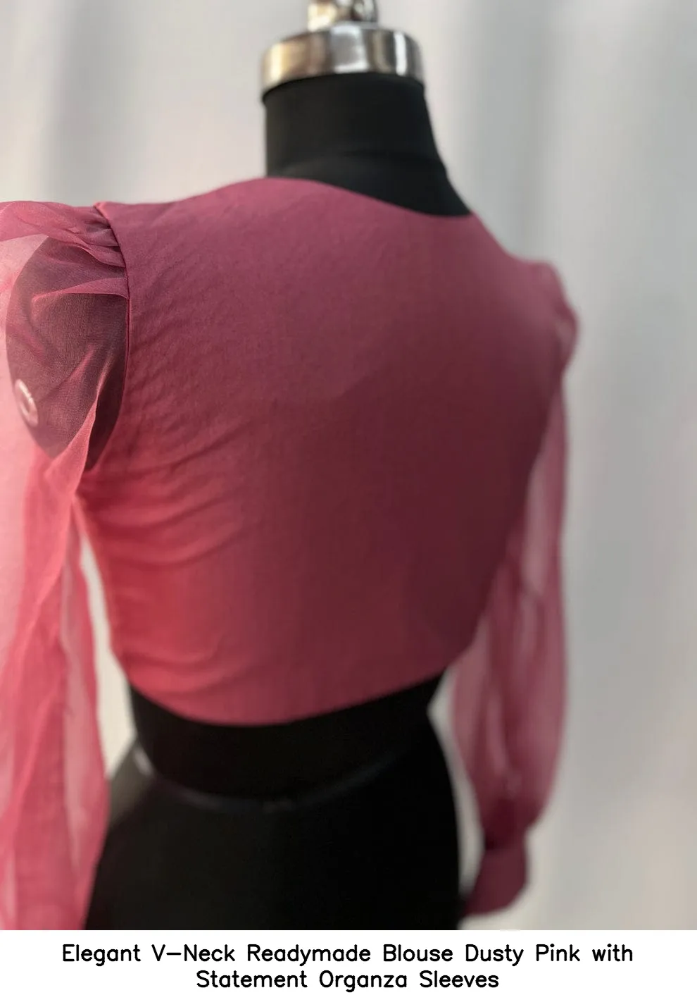 Elegant V-Neck Readymade Blouse – Dusty Pink with Statement Organza Sleeves 2