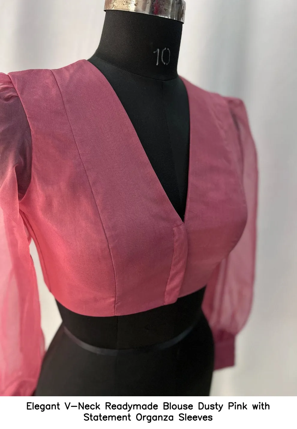 Elegant V-Neck Readymade Blouse – Dusty Pink with Statement Organza Sleeves 3