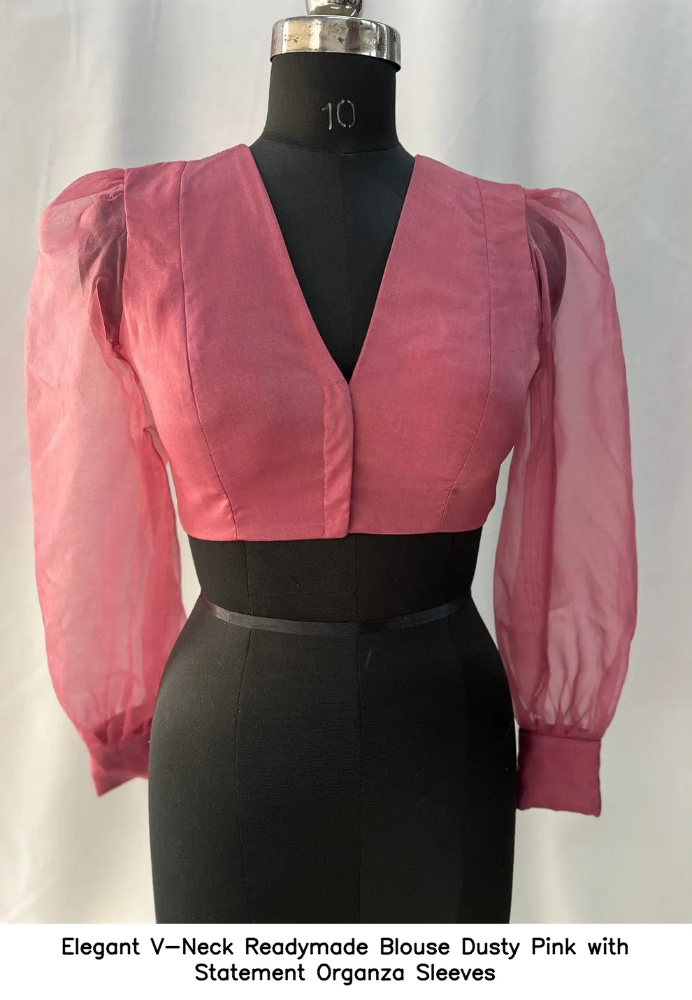 Elegant V-Neck Readymade Blouse – Dusty Pink with Statement Organza Sleeves 4