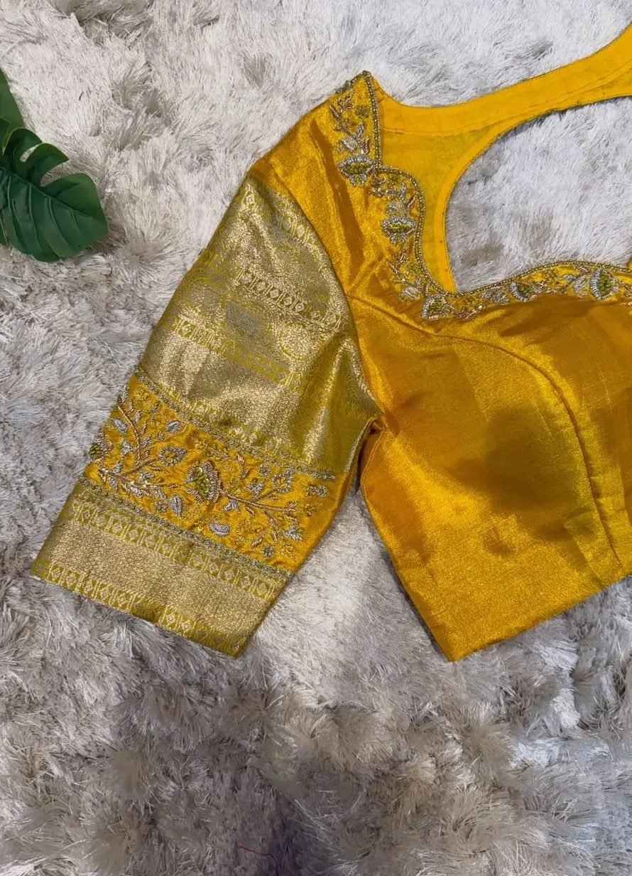 Elegant Yellow Raw Silk Blouse with Intricate Hand-Embroidered Borders for Bridal & Festive Occasions