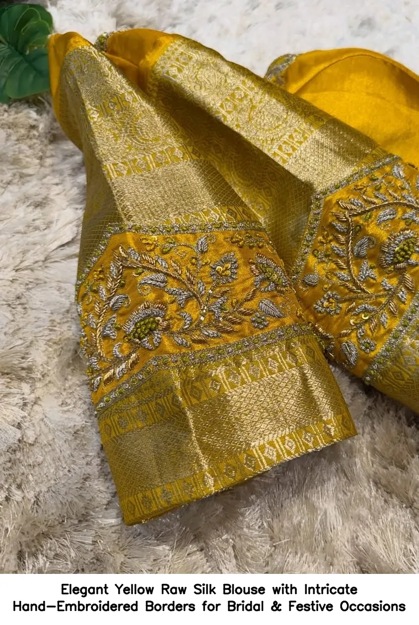 Elegant Yellow Raw Silk Blouse with Intricate Hand-Embroidered Borders for Bridal & Festive Occasions 4