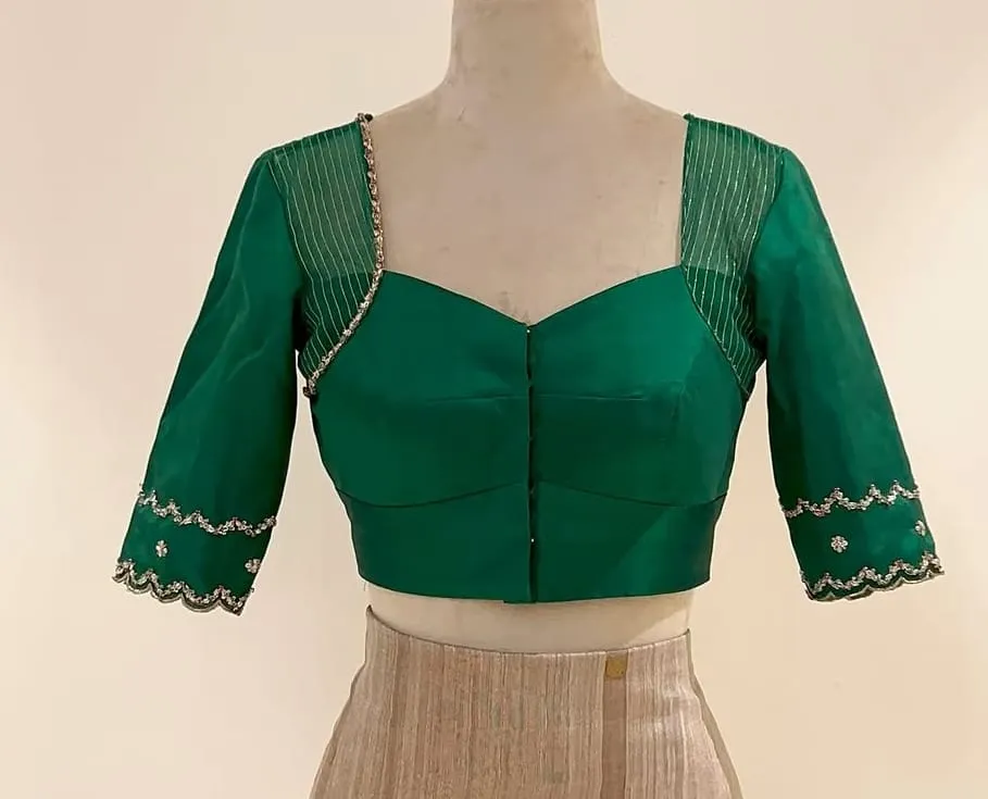 Emerald Green Designer Blouse | Hand-Embroidered Aari Work | Square Neck Readymade Blouse