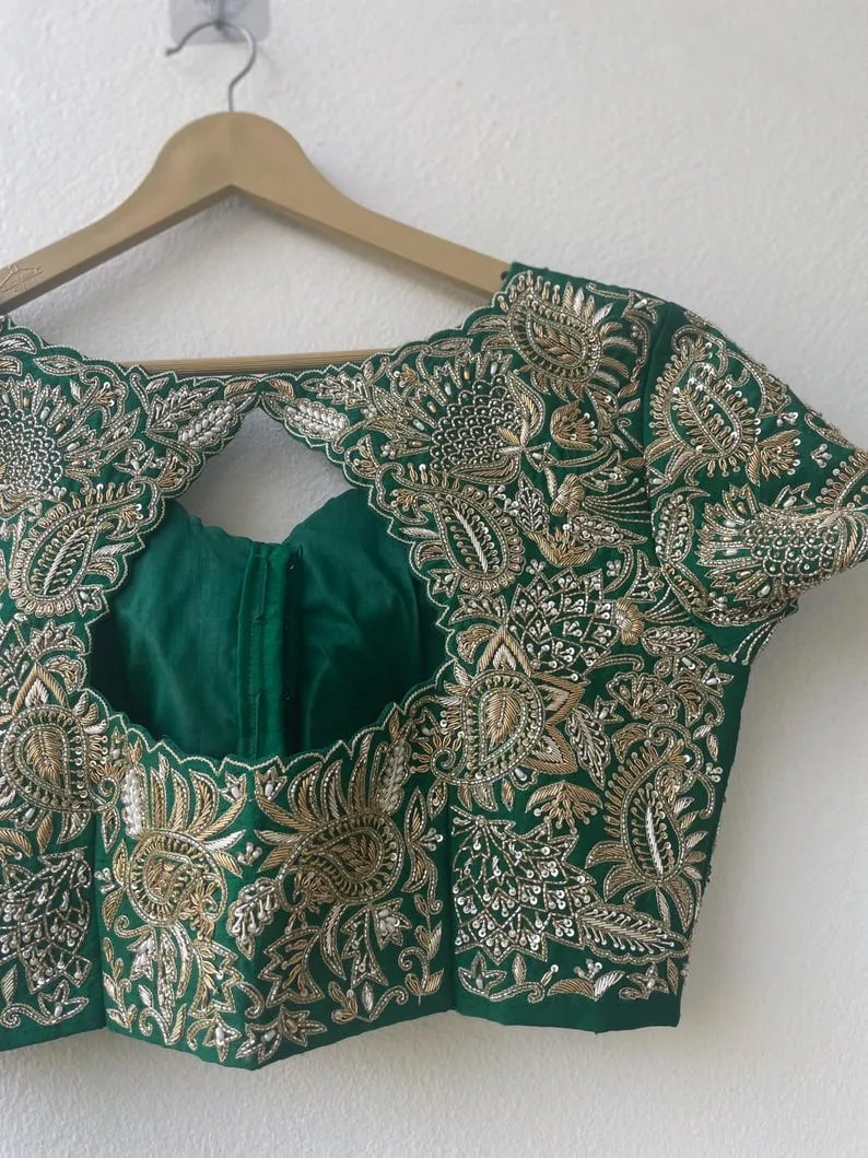 Emerald Green Designer Saree Blouse | Heavy Hand-Embroidered Zardosi Work | Bridal & Festive Ethnic Wear