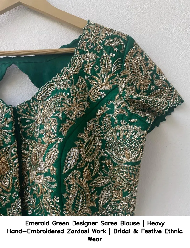 Emerald Green Designer Saree Blouse | Heavy Hand-Embroidered Zardosi Work | Bridal & Festive Ethnic Wear 2