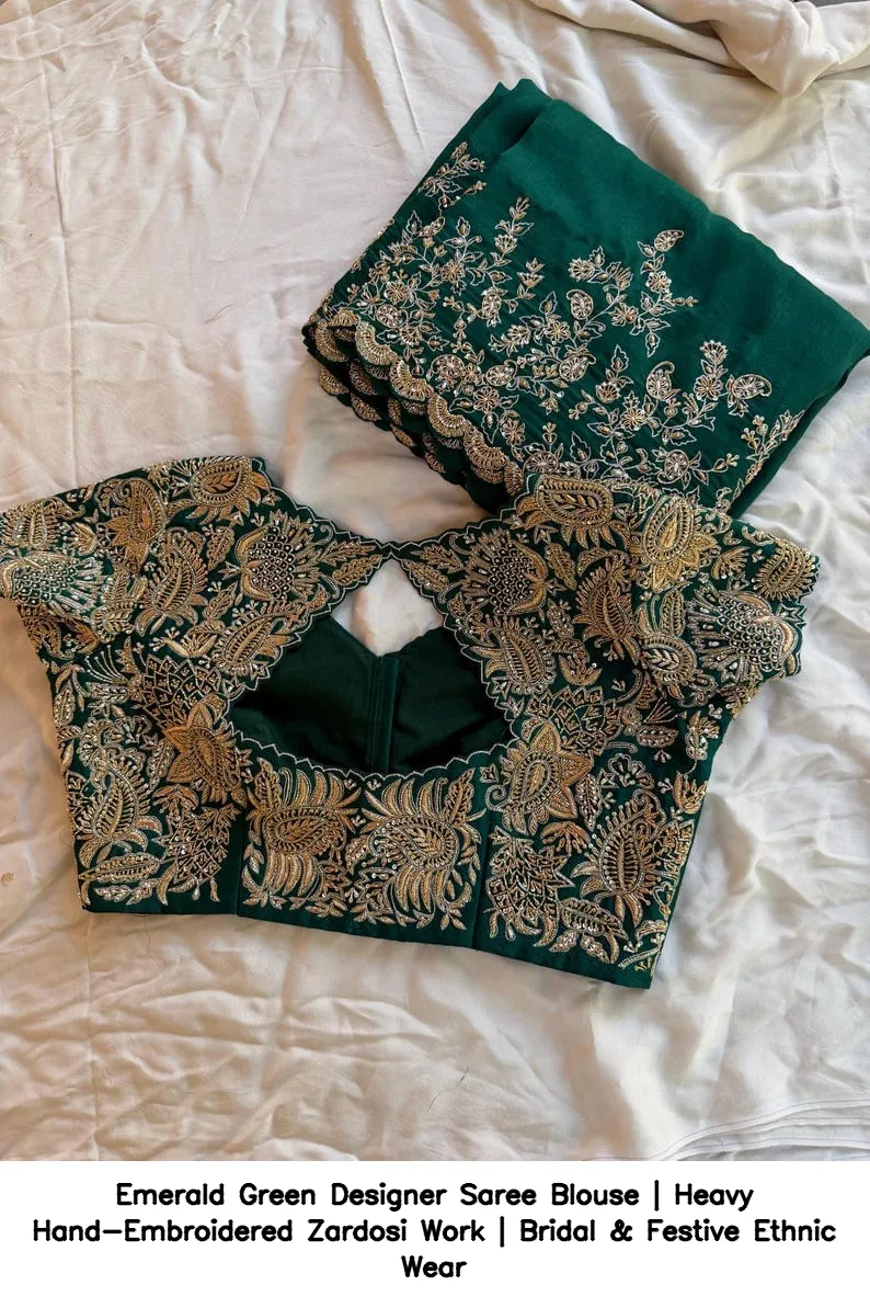 Emerald Green Designer Saree Blouse | Heavy Hand-Embroidered Zardosi Work | Bridal & Festive Ethnic Wear 3
