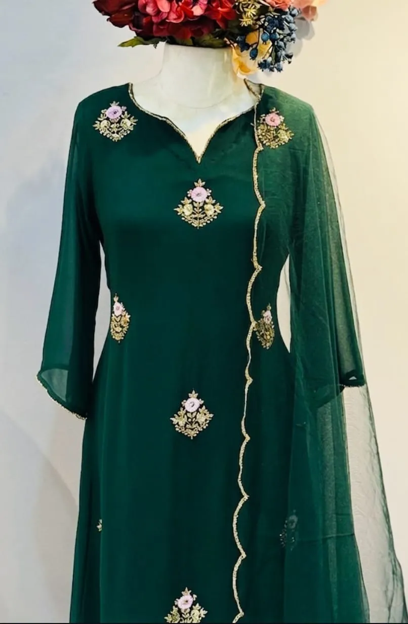 Emerald Green Embroidered Kurta Set with Dupatta | Festive Ethnic Wear for Women