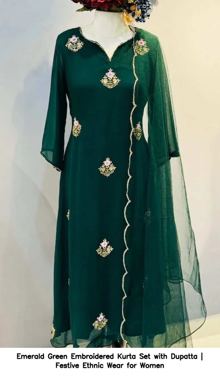 Emerald Green Embroidered Kurta Set with Dupatta | Festive Ethnic Wear for Women 2