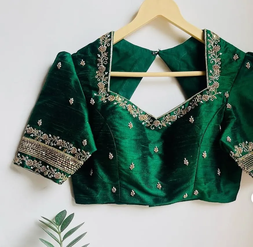 Emerald Green Hand Embroidered Silk Blouse | Maggam Work
