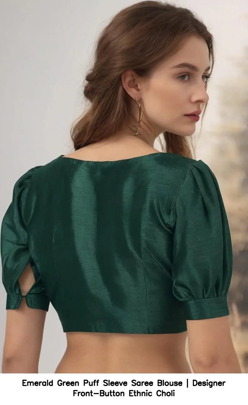 Emerald Green Puff Sleeve Saree Blouse | Designer Front-Button Ethnic Choli 2