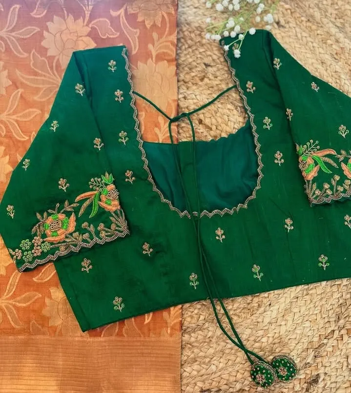 Emerald Green Raw Silk Blouse with Peach Floral Embroidery | Bridal Blouse for Orange Saree