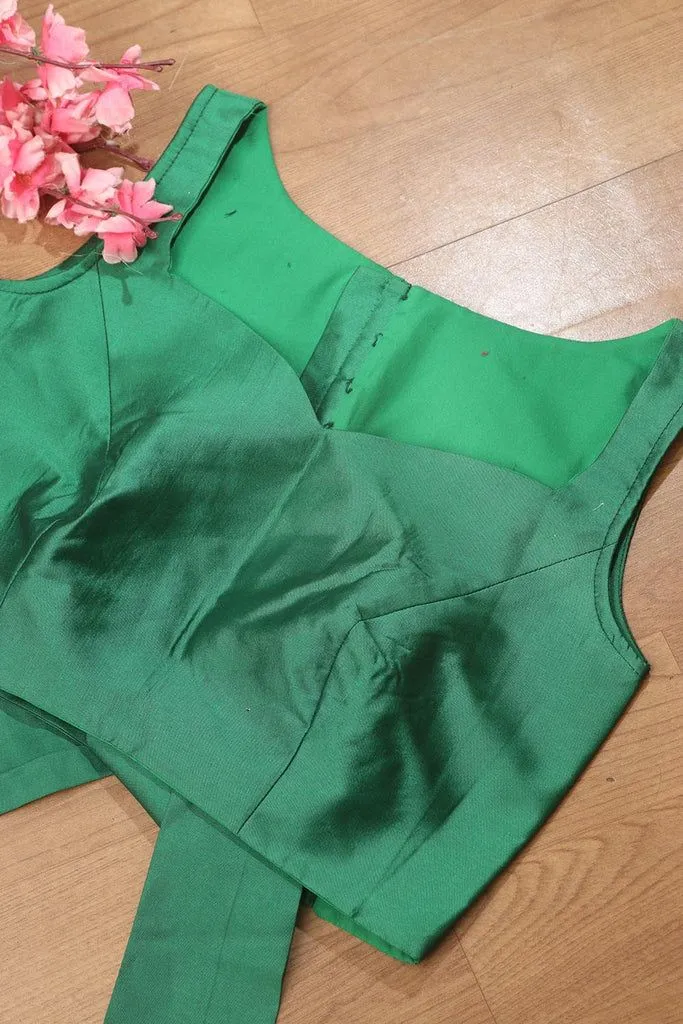 Emerald Green Raw Silk Saree Blouse – Sleeveless Deep Neck Designer Blouse 1