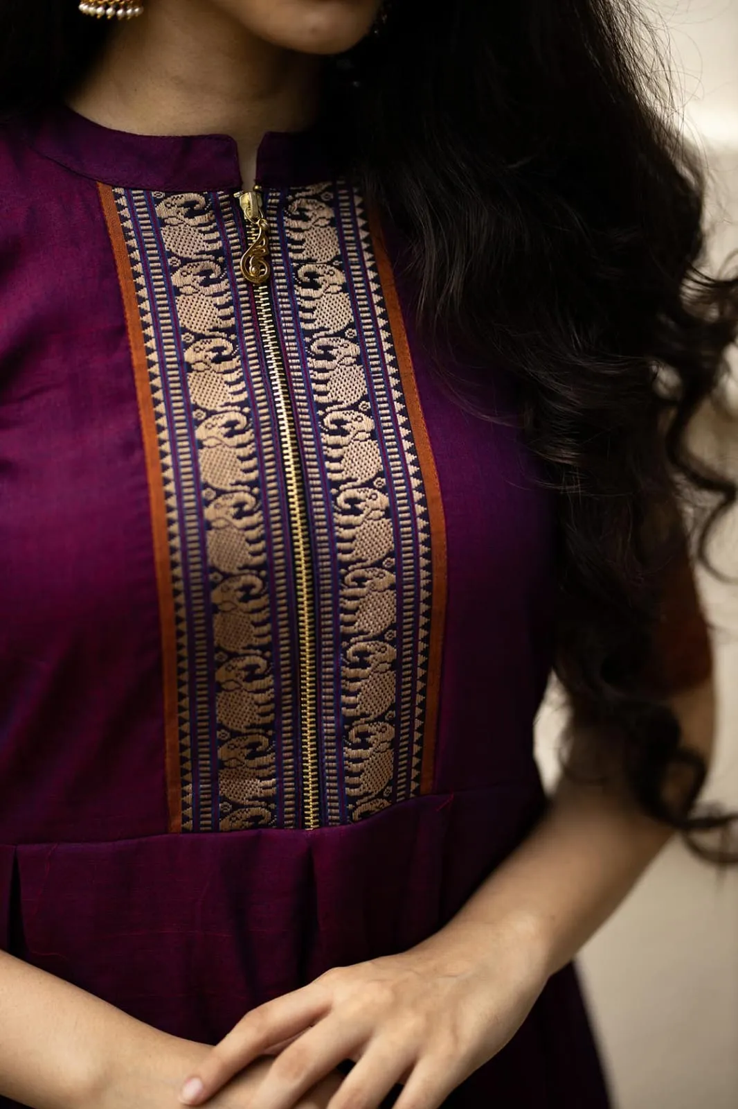 Ethnic Mulberry / Wine Handloom Cotton Long Frock with Front Zip | Saree Border Anarkali Dress
