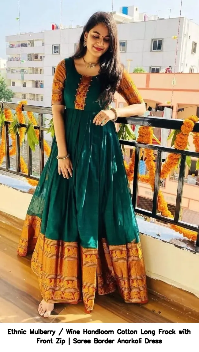 Ethnic Mulberry / Wine Handloom Cotton Long Frock with Front Zip | Saree Border Anarkali Dress 2