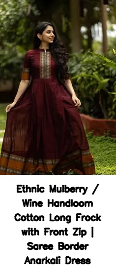 Ethnic Mulberry / Wine Handloom Cotton Long Frock with Front Zip | Saree Border Anarkali Dress 3