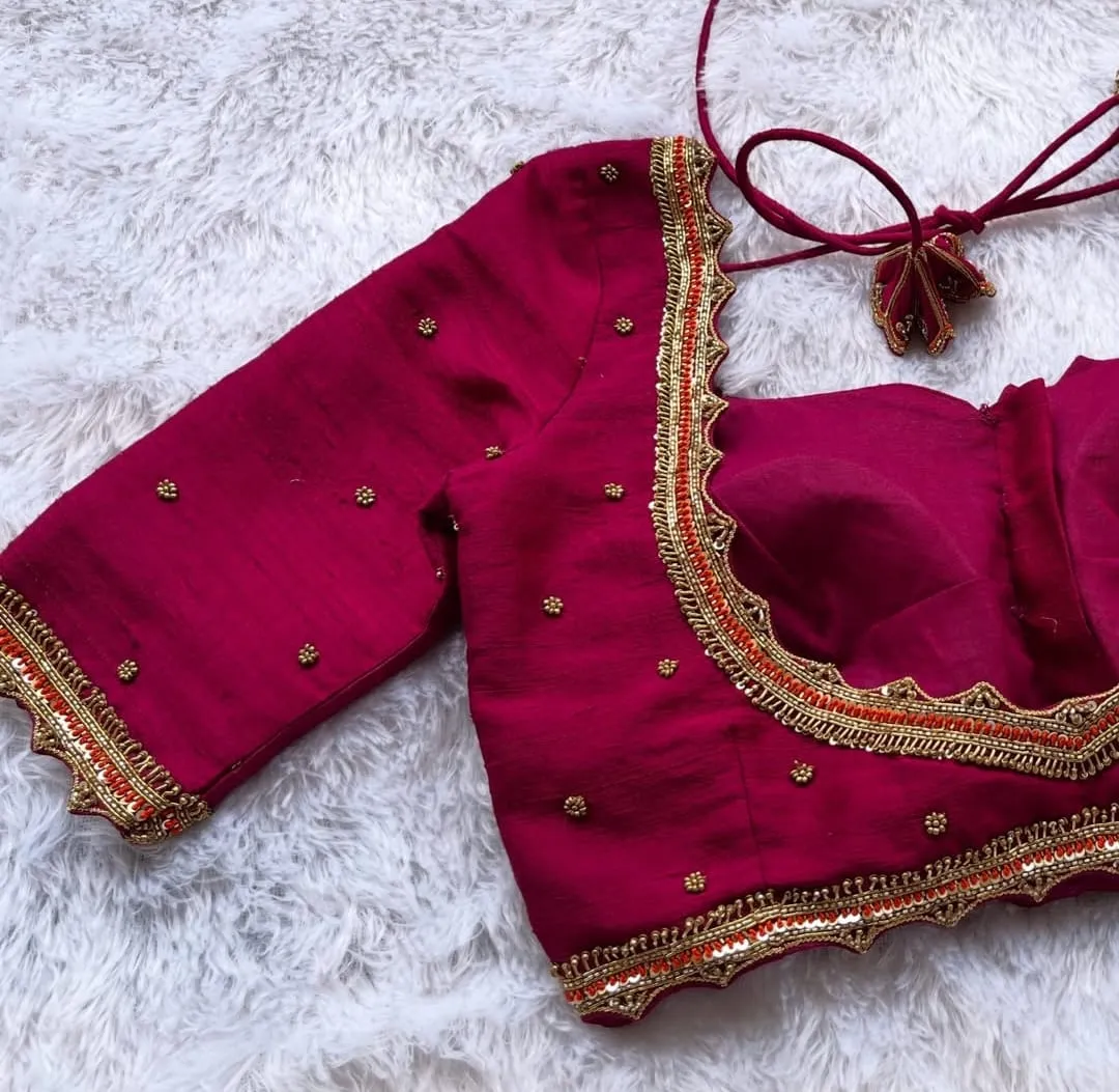 Exclusive Maroon Hand-Stitched Blouse with Golden Embroidery | Custom Ethnic Designer Wear 1
