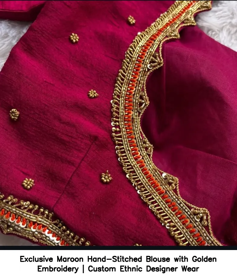 Exclusive Maroon Hand-Stitched Blouse with Golden Embroidery | Custom Ethnic Designer Wear 5