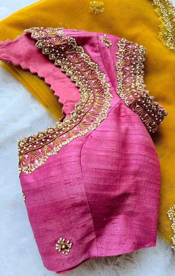 Exclusive Pink Raw Silk Blouse with Handcrafted Aari & Zardosi Work |