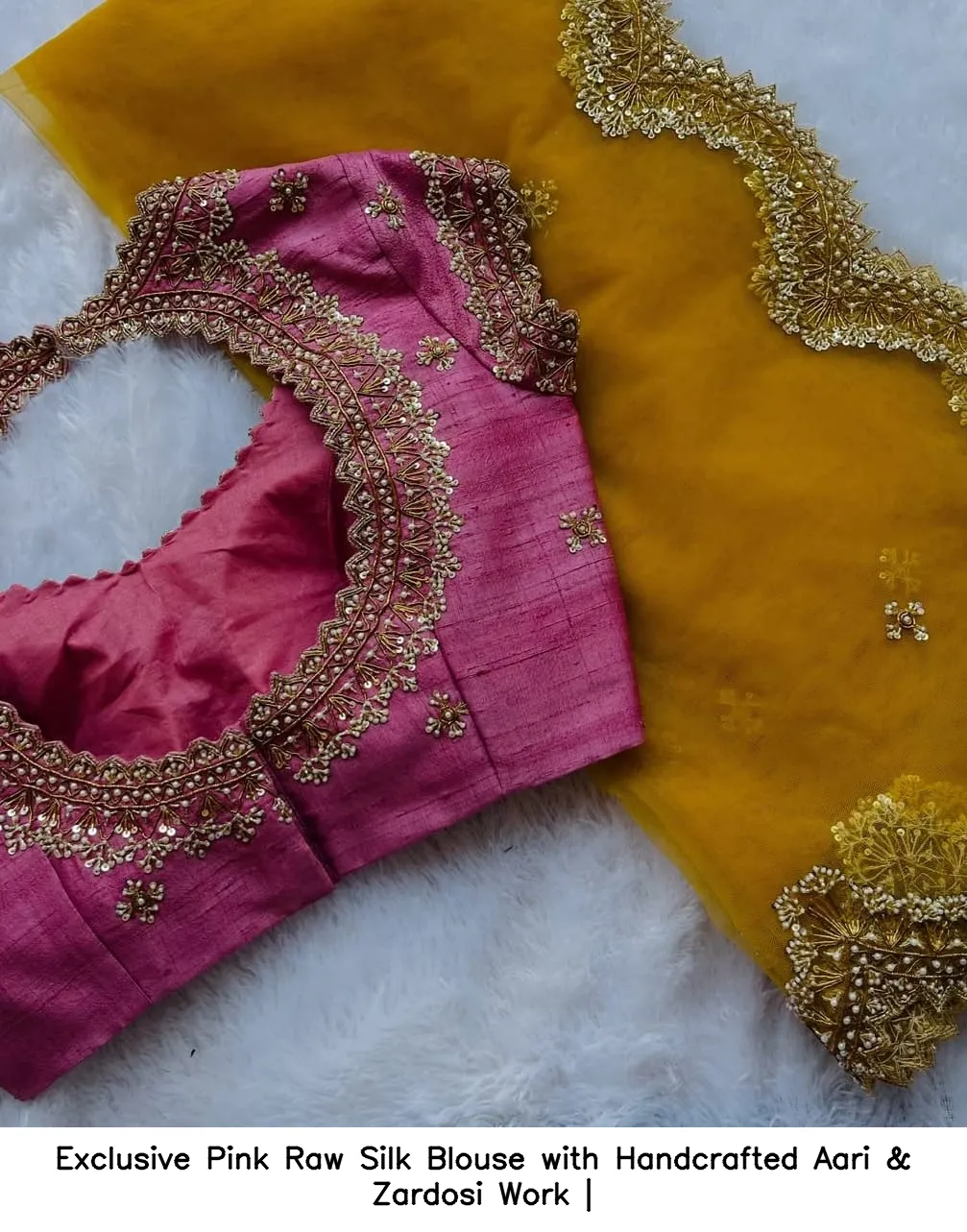 Exclusive Pink Raw Silk Blouse with Handcrafted Aari & Zardosi Work | 2