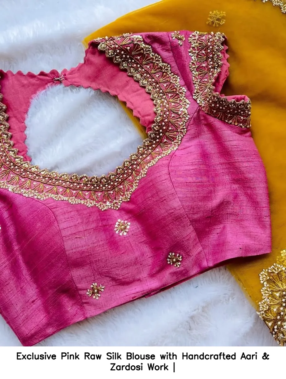 Exclusive Pink Raw Silk Blouse with Handcrafted Aari & Zardosi Work | 4