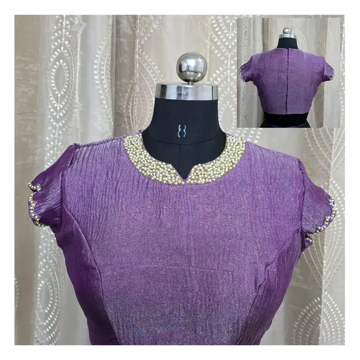 Exclusive Purple Party Wear Blouse Featuring Intricate Hand-Beaded Neckline Detail
