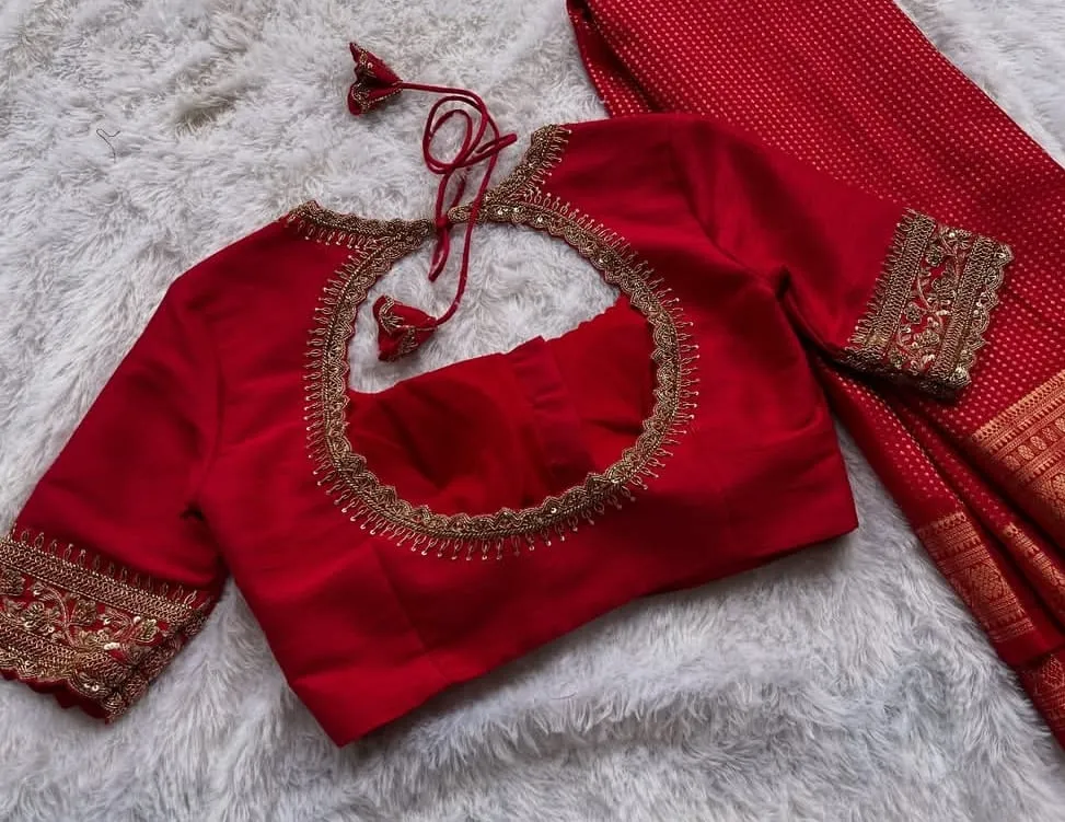 Exclusive Red Silk Blouse with Heavy Aari Embroidery | Luxury Ethnic Designer Wear