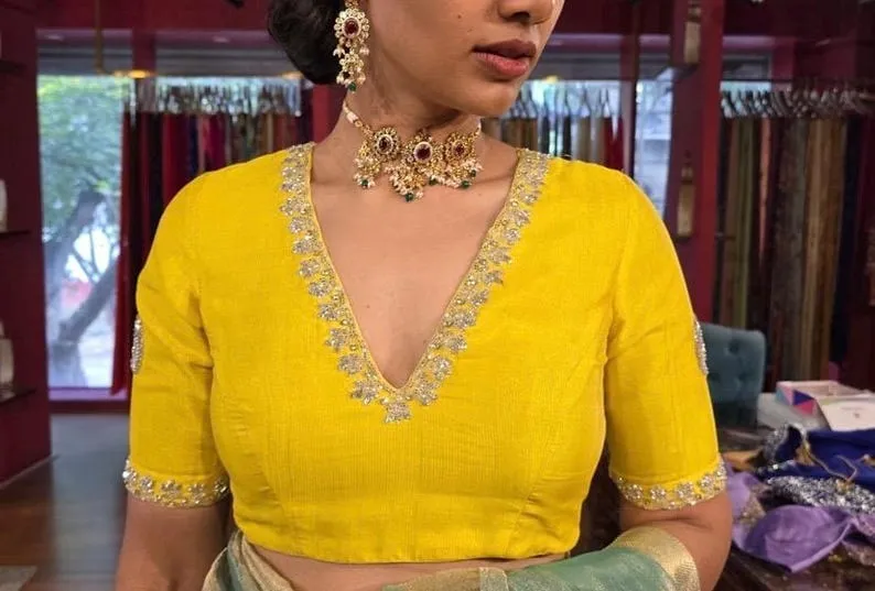 Exclusive Yellow Designer Blouse with Elegant Silver Hand-Embroidery – Premium Ethnic Wear