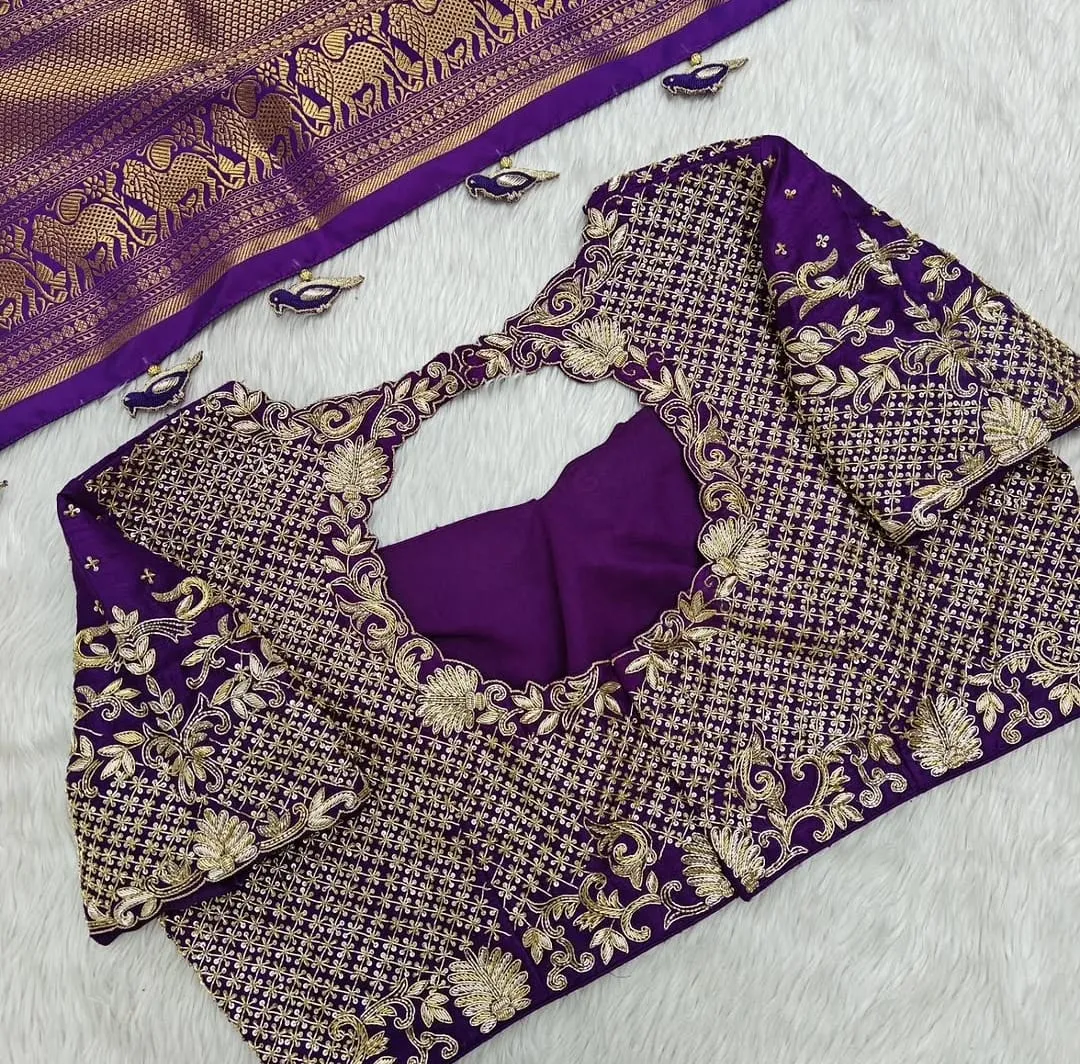 Exquisite Deep Purple Wedding Blouse with Intricate Gold Zardosi Craftsmanship 1