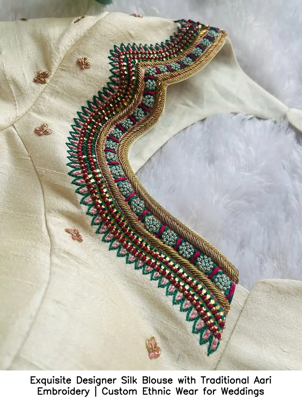 Exquisite Designer Silk Blouse with Traditional Aari Embroidery | Custom Ethnic Wear for Weddings 3