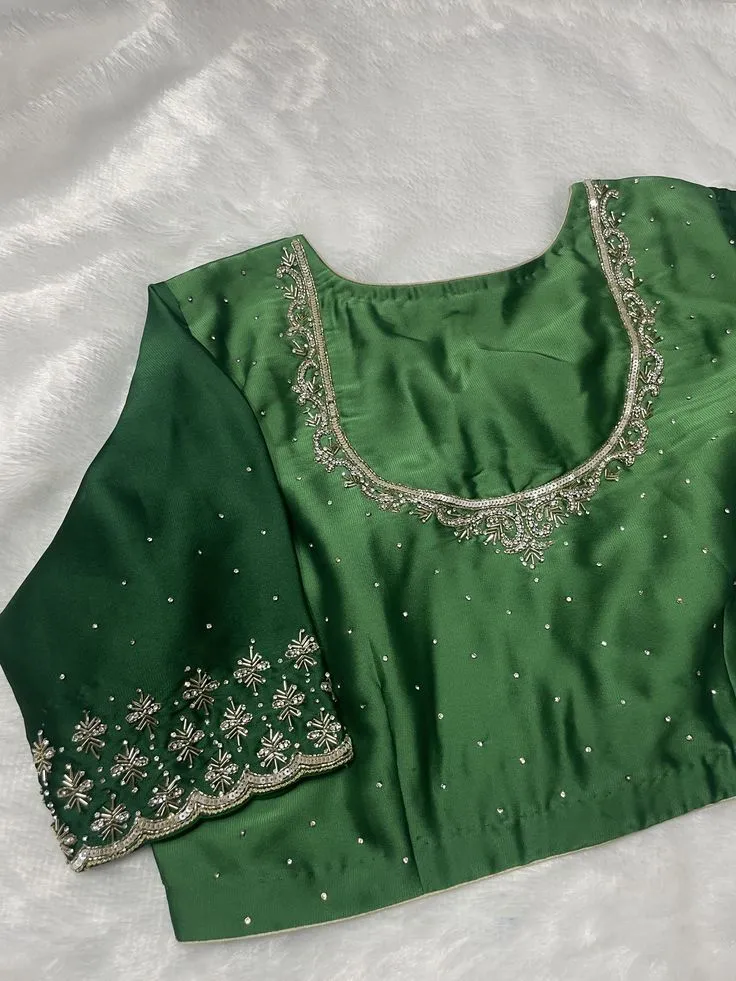 Exquisite Emerald Green Silk Designer Blouse with Hand-Embroidered Scalloped Sleeves