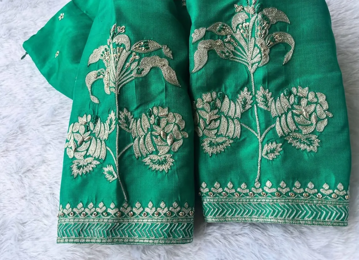 Exquisite Green Silk Blouse with Traditional Zardosi and Floral Aari Embroidery | Custom Bridal Blouse | Aari and Aura"