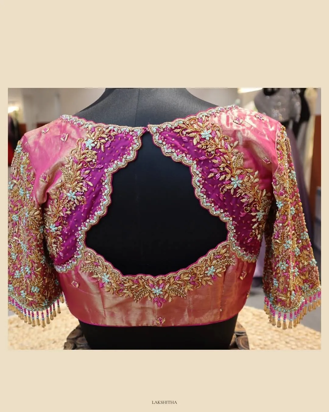 Exquisite Hand-Crafted Wedding Blouse – Premium Pink Aari Work with Tassel Detailing