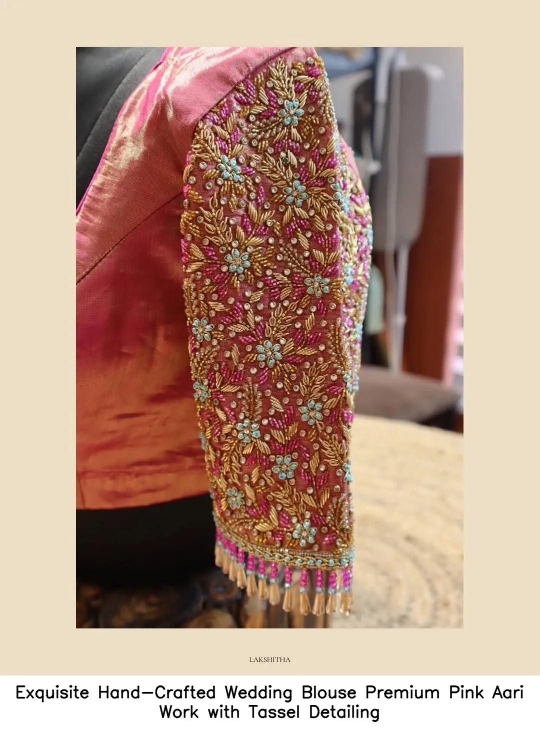 Exquisite Hand-Crafted Wedding Blouse – Premium Pink Aari Work with Tassel Detailing 2