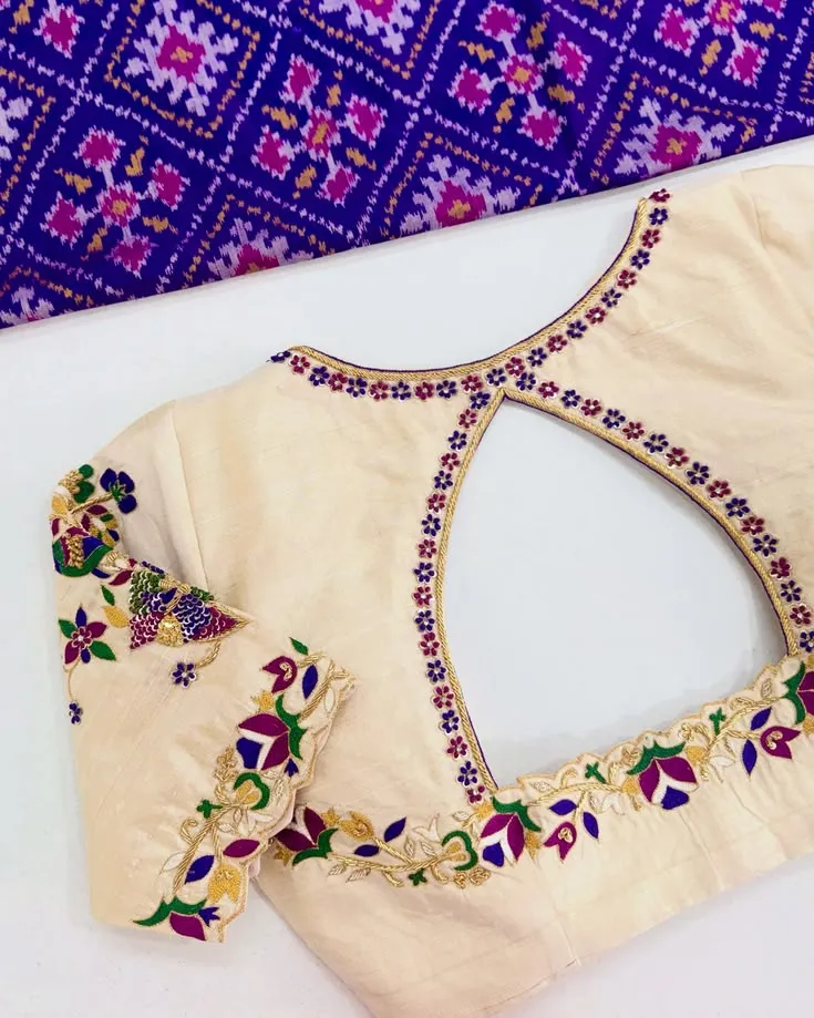 Exquisite Keyhole Back Aari Work Blouse with Floral Sleeves - Cream Ready-to-Wear