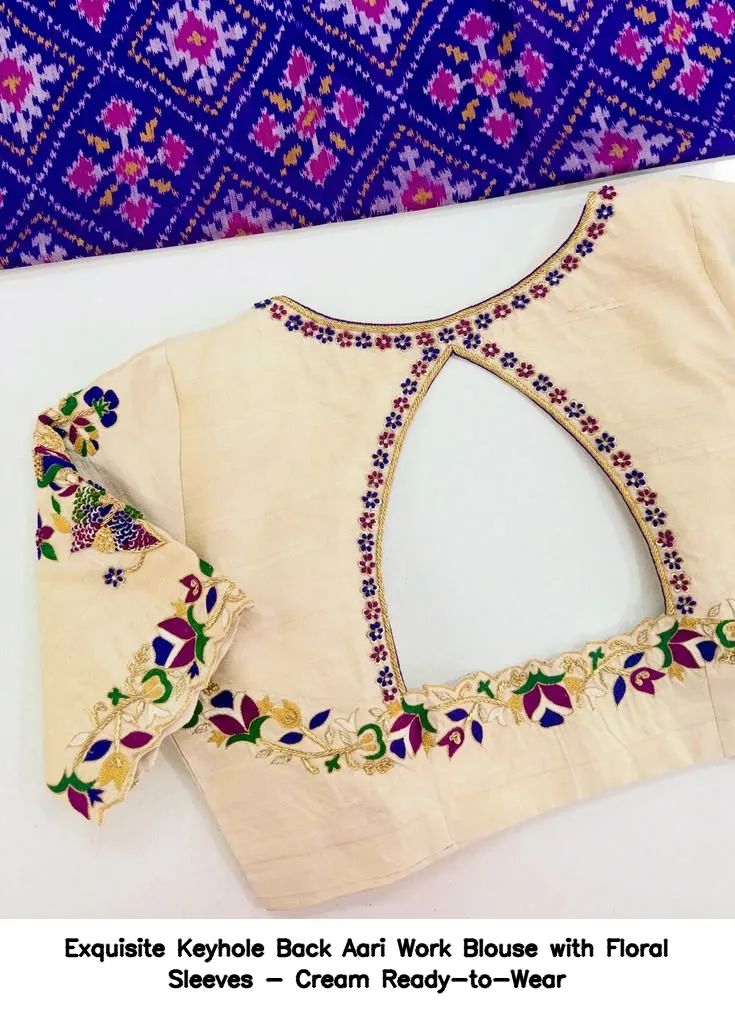 Exquisite Keyhole Back Aari Work Blouse with Floral Sleeves - Cream Ready-to-Wear 2