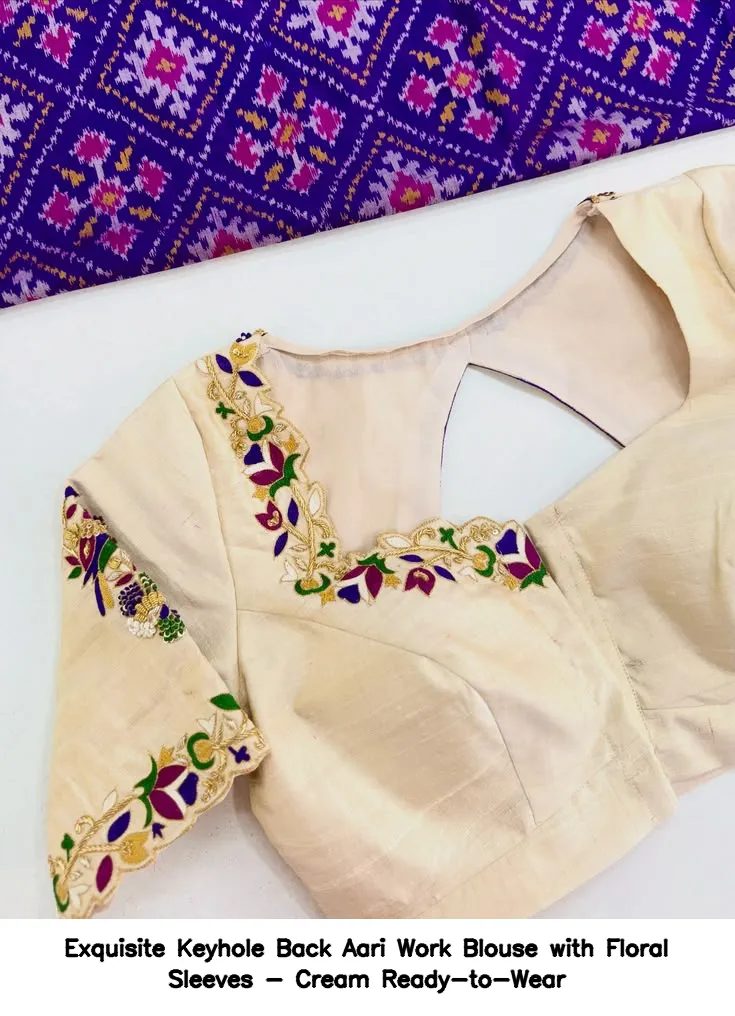 Exquisite Keyhole Back Aari Work Blouse with Floral Sleeves - Cream Ready-to-Wear 5