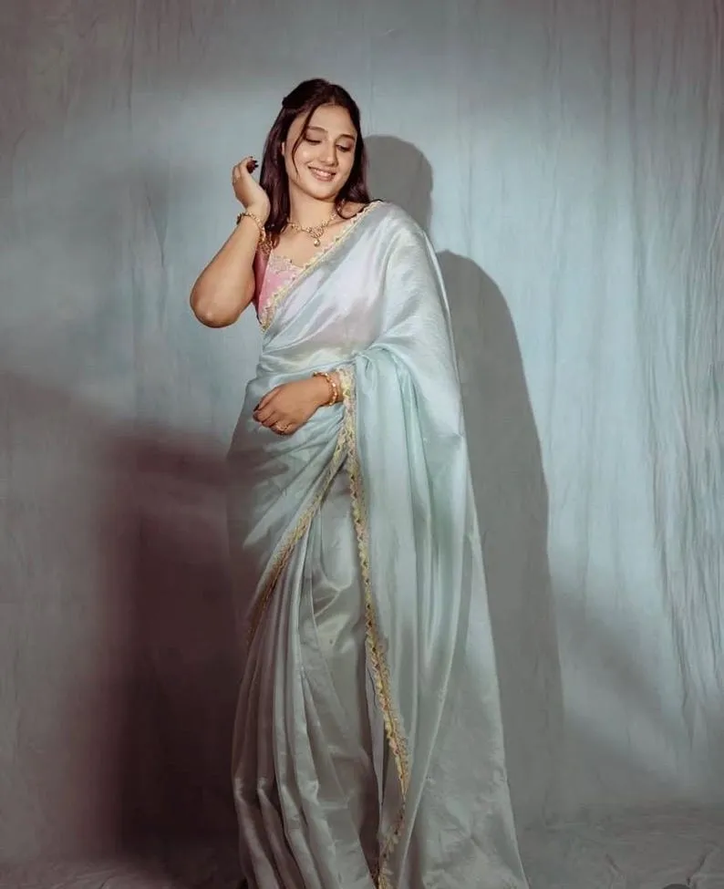 Exquisite Pastel Silk Saree with Pink Designer Blouse | Buy Traditional Ethnic Wear Online