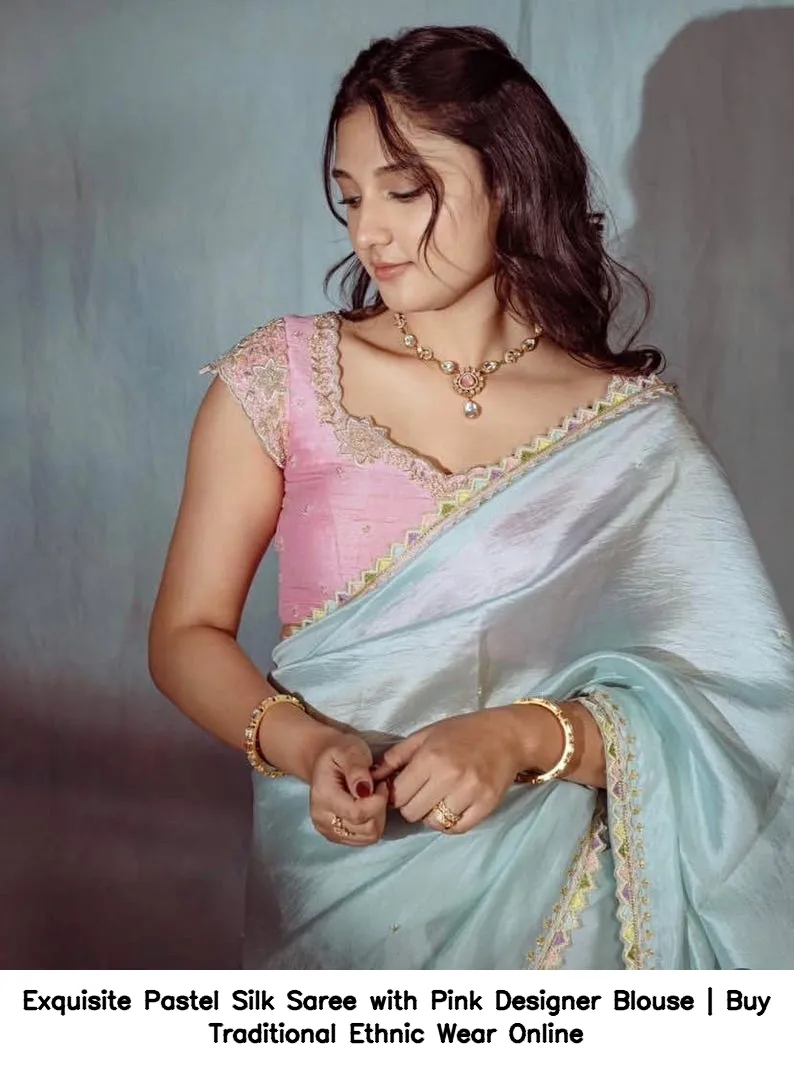 Exquisite Pastel Silk Saree with Pink Designer Blouse | Buy Traditional Ethnic Wear Online 2