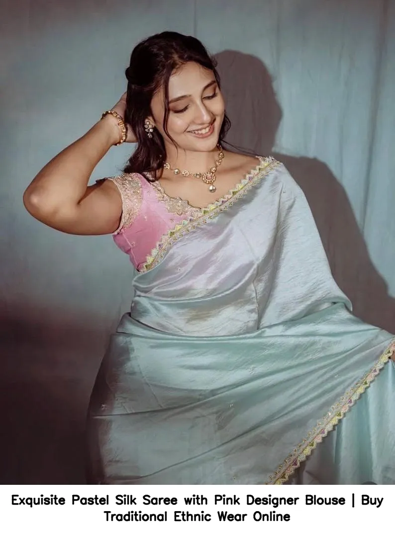 Exquisite Pastel Silk Saree with Pink Designer Blouse | Buy Traditional Ethnic Wear Online 3
