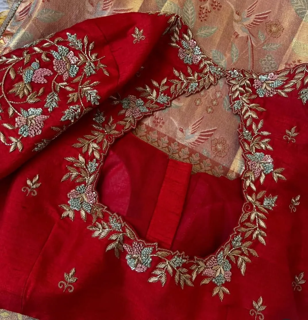 Exquisite Red Bridal Blouse with Intricate Floral Embroidery | Custom Hand-Stitched Ethnic Designer Blouse