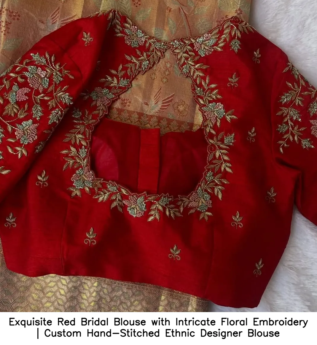 Exquisite Red Bridal Blouse with Intricate Floral Embroidery | Custom Hand-Stitched Ethnic Designer Blouse 3