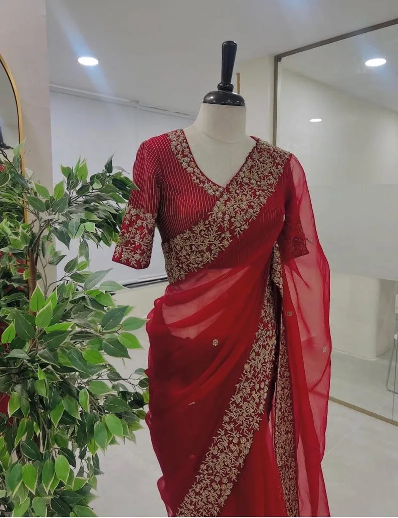 Exquisite Red Designer Saree with Heavy Hand-Embroidered Striped Blouse – Party Wear Collection