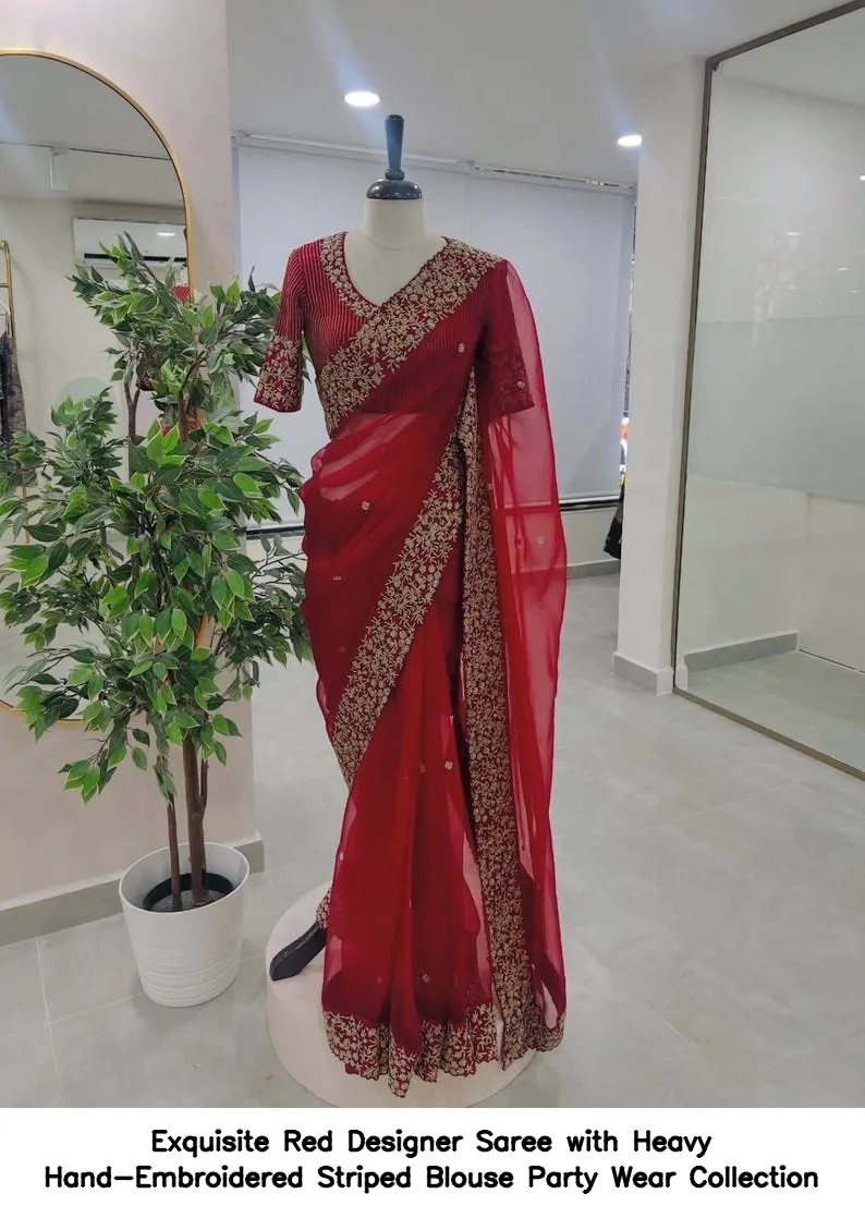 Exquisite Red Designer Saree with Heavy Hand-Embroidered Striped Blouse – Party Wear Collection 2