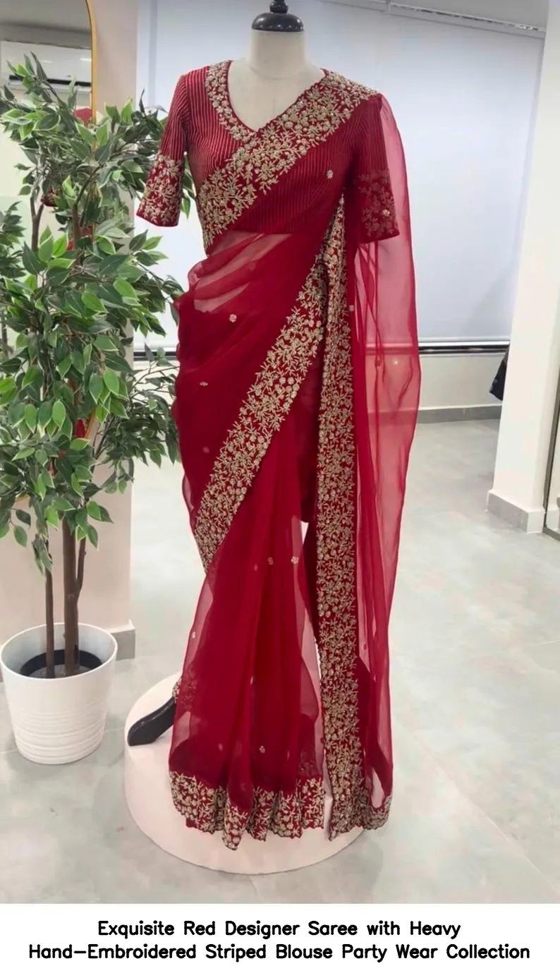 Exquisite Red Designer Saree with Heavy Hand-Embroidered Striped Blouse – Party Wear Collection 3