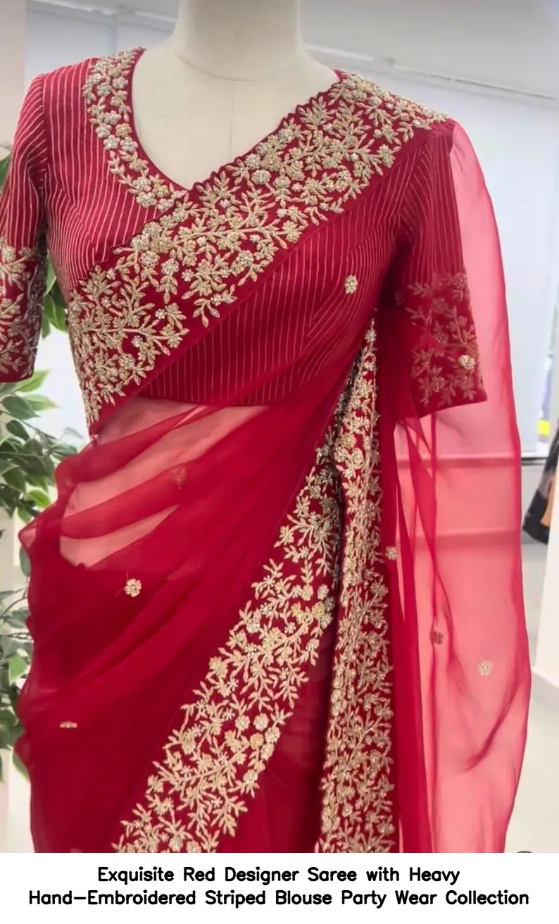 Exquisite Red Designer Saree with Heavy Hand-Embroidered Striped Blouse – Party Wear Collection 4
